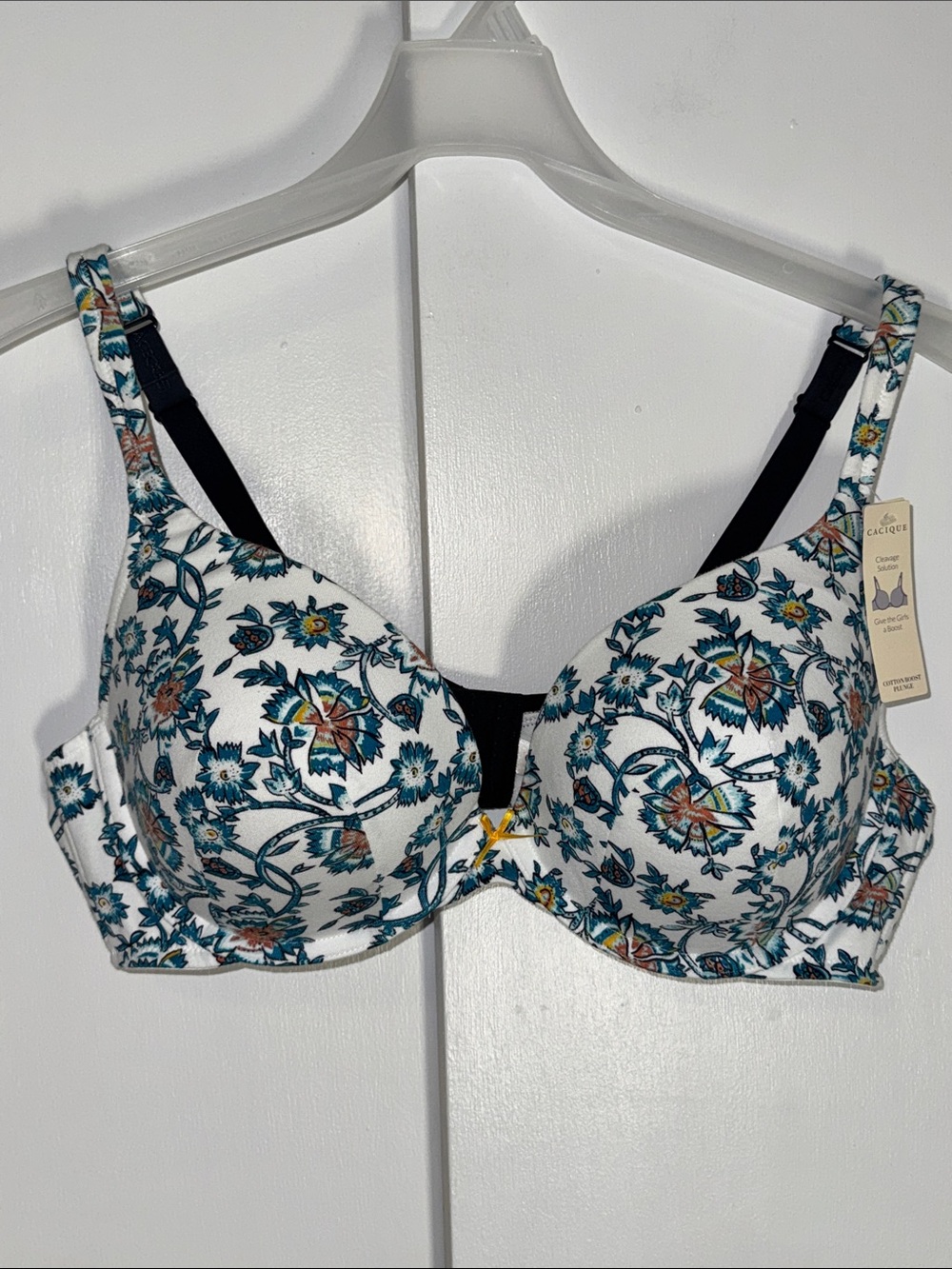 Cacique Cotton Boost Plunge Bra Padded Push-Up Women’s 44C Boho Floral Print